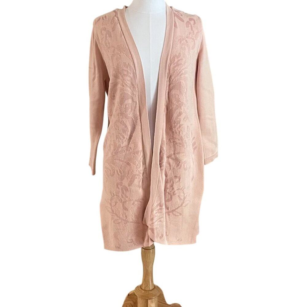 Chico's Pale Pink Long Open Front Cardigan, Duster Floral Jacquard Tapestry L